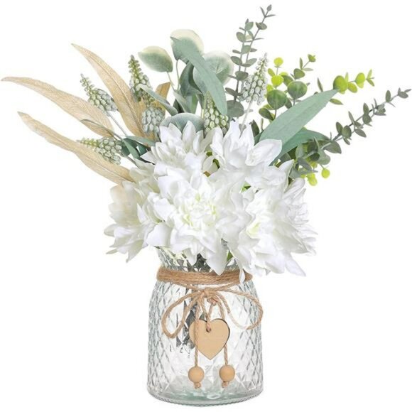 Faux White Silk Flowers with Vase Farmhouse Decor for Table Kitchen Shelf - Picture 1 of 7